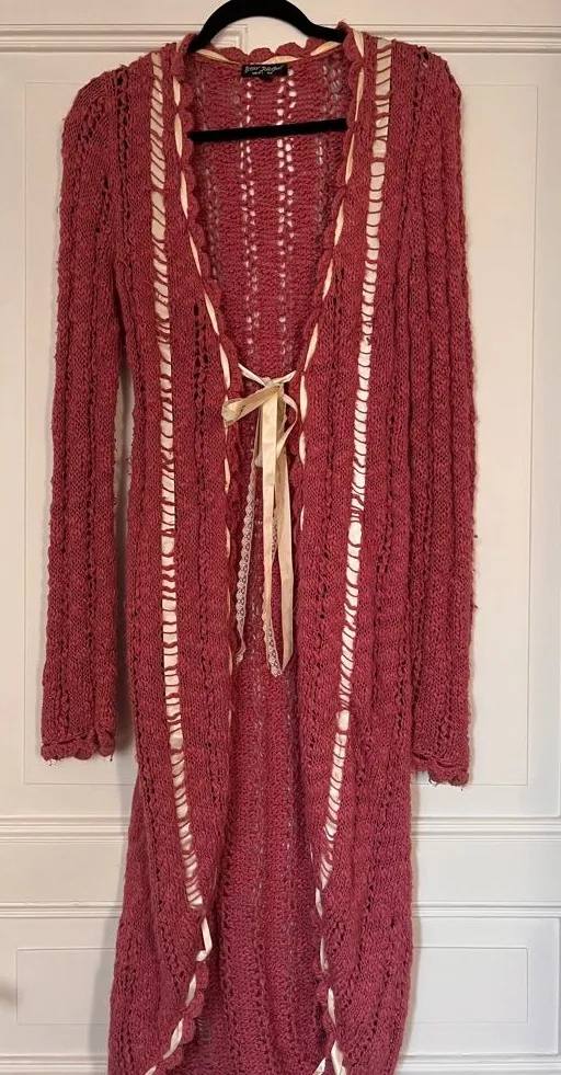 Betsey Johnson Vintage Pink Long Cardigan with Lace Ribbon Crochet Knit