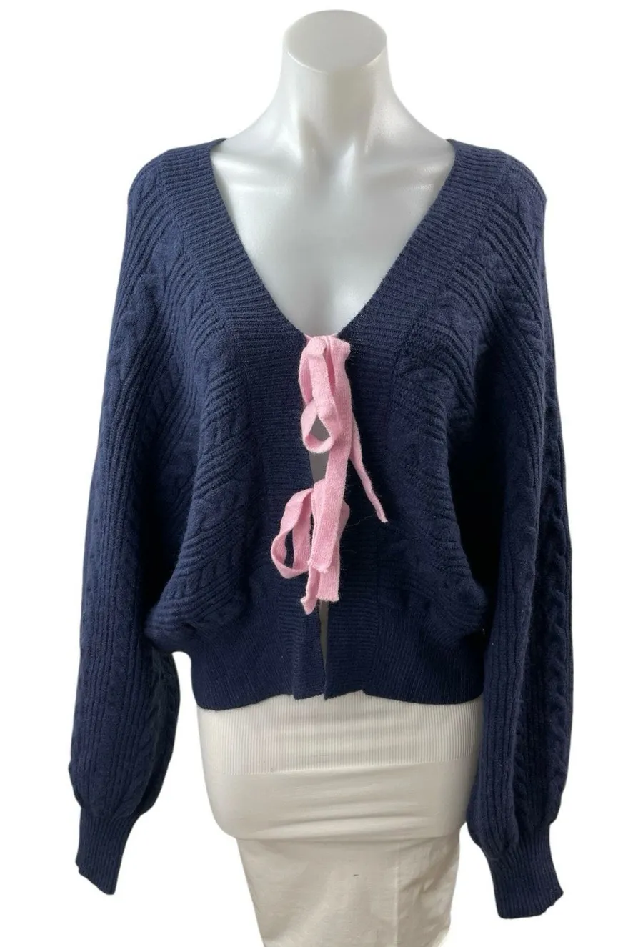 Cider Women's Navy Blue V Neck Cable Knit Tie Knot Cardigan Sweater Top Size 2XL