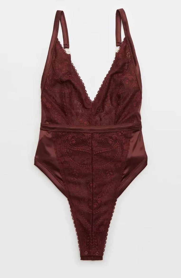 NWOT Aerie Burgundy Paisley Lace Bodysuit - Large