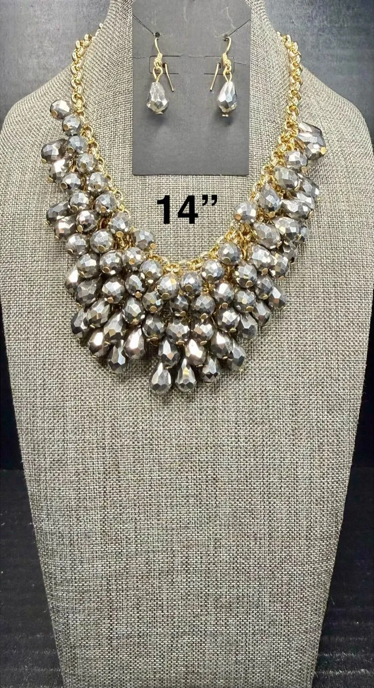 Gold Chain Statement Necklace with Silver Faceted Beads