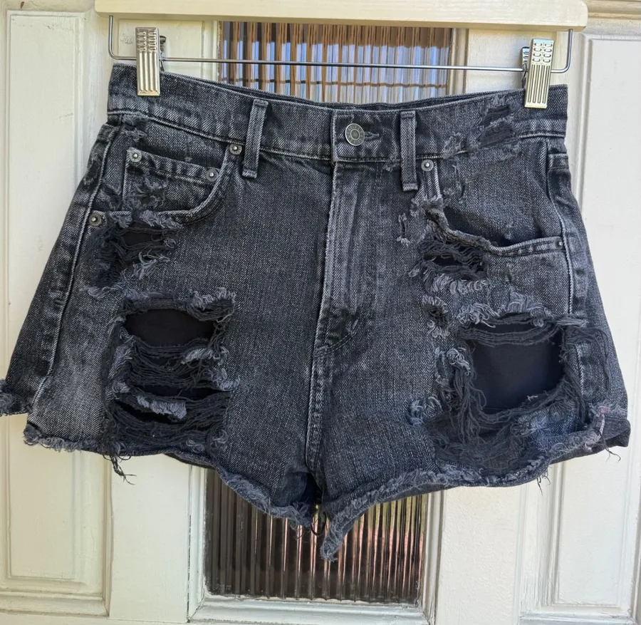 AGOLDE Jaden High Rise Distressed Denim Shorts Washed Black A038-2065 Size 25