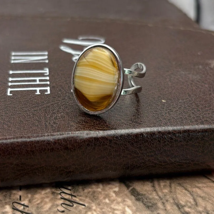 Vintage 1970s Yellow Striped Agate Ring • Stainless Steel Adjustable Brown