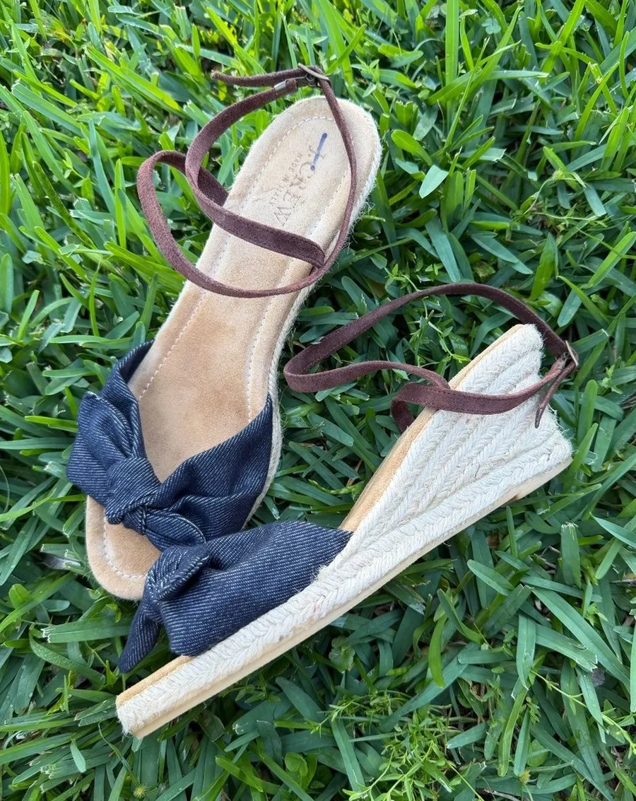 J.Crew St Tropez Denim Bow Jute Espadrille Wedge Sandals Size 8 Boho Coastal