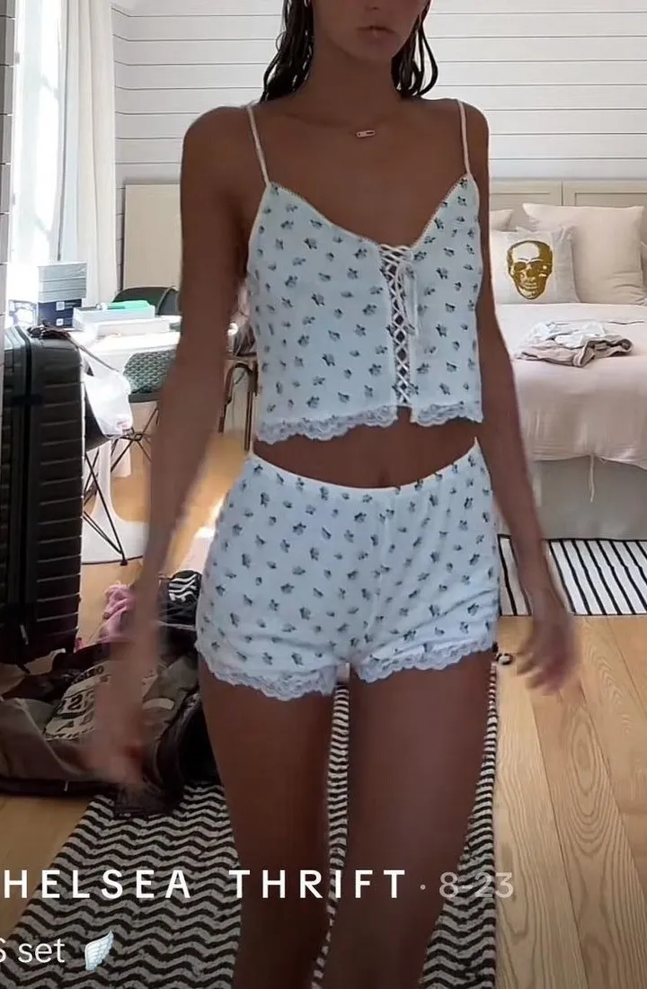 Victoria’s Secret Blue and White Floral Bow Top & Short Set