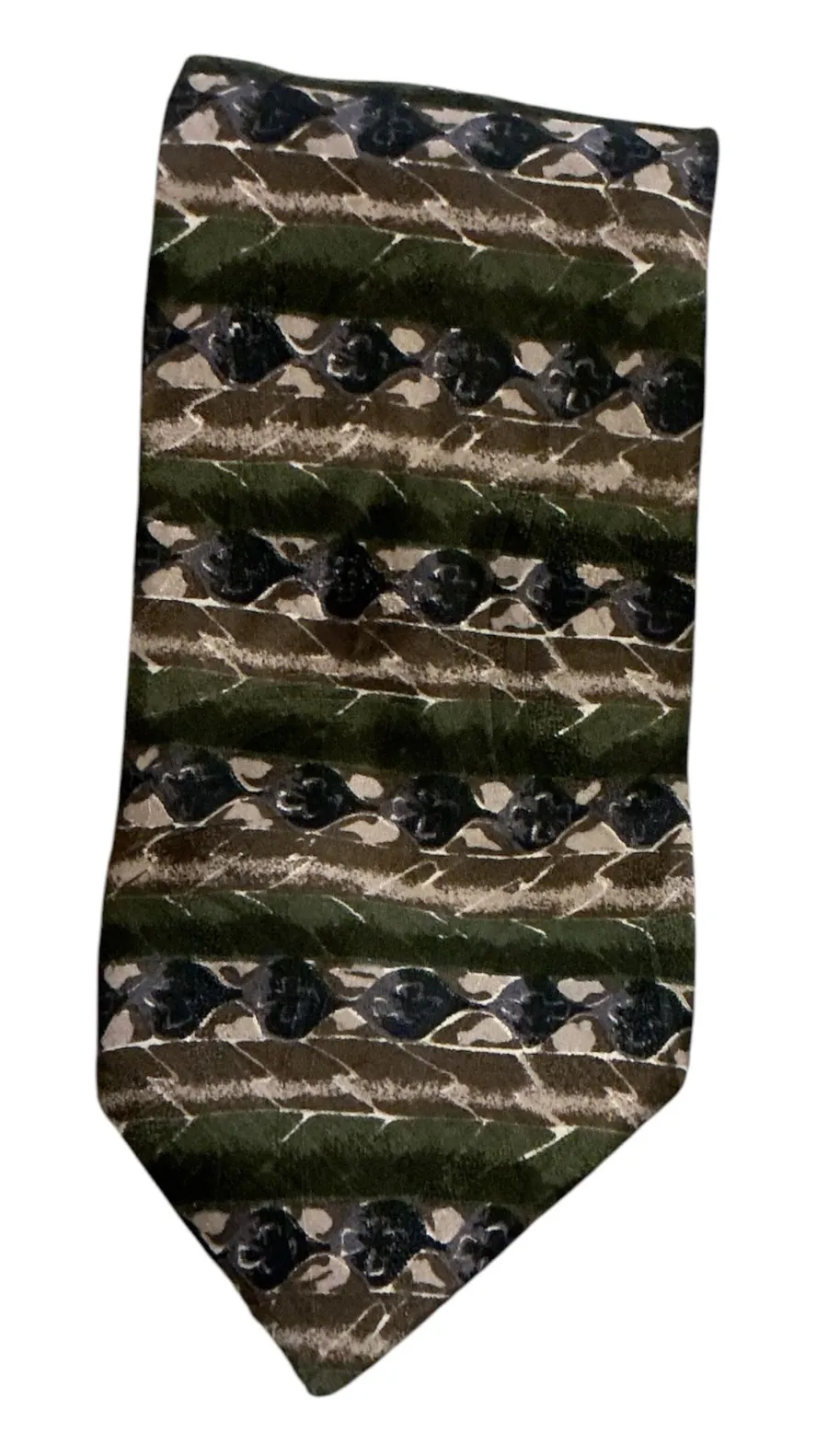 Vintage Bialucci Collection 100% Silk Tie – Abstract Geometric Earth Tones (Green, Brown, Beige) Green