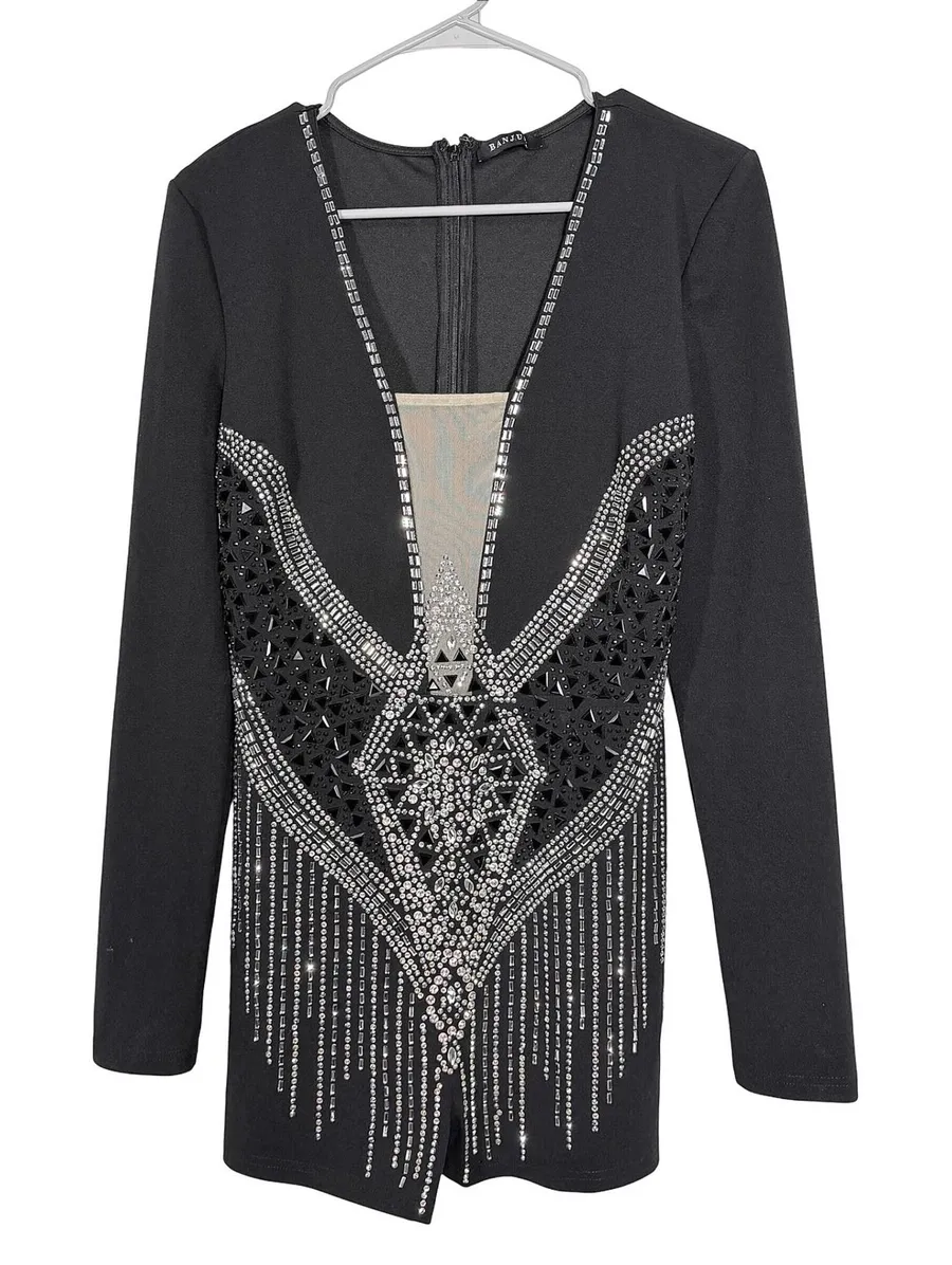 NWOT BANJUL Rhinestone Black Romper Mesh Plunge V Long Sleeve