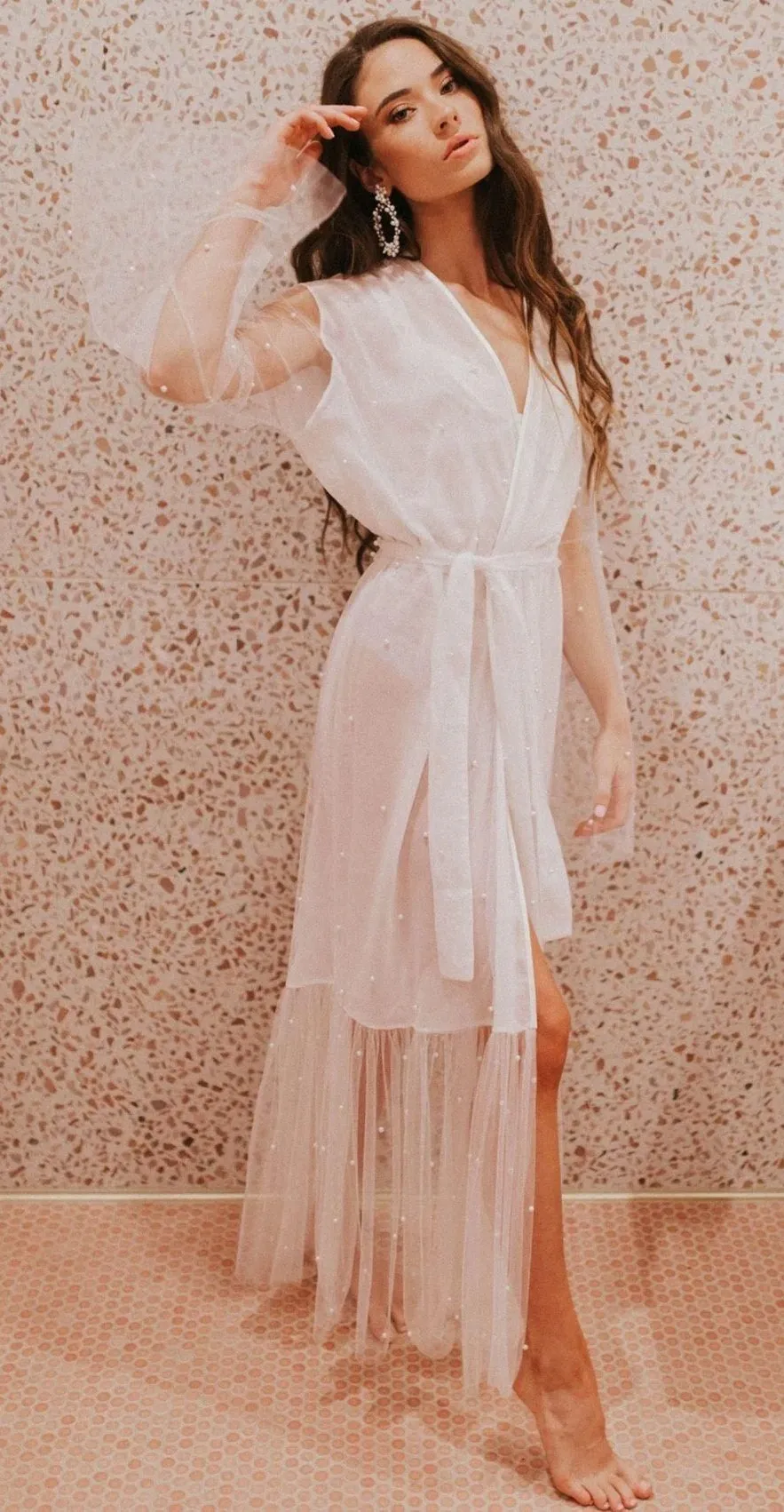 Untamed Petals Serena Robe / White Sheer with Pearls