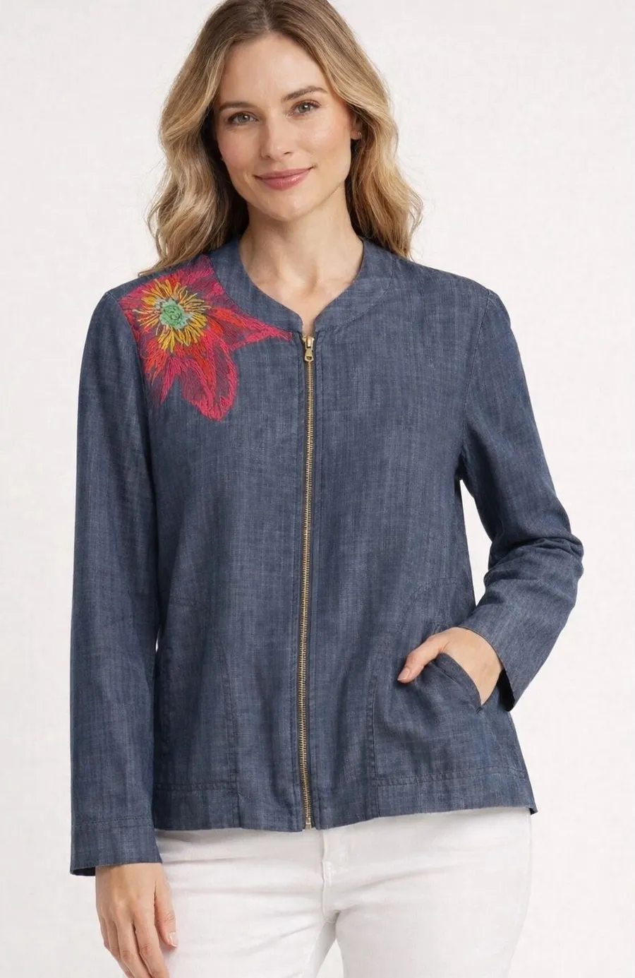 RAFAELLA Jacket Womens Medium Indigo Blue Chambray Floral Embroidered Zip Up NWT