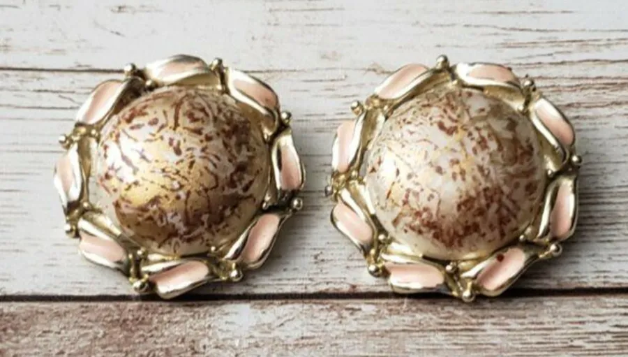 Vintage Clip On Earrings Gold Tone with Brown and Unusual Halo