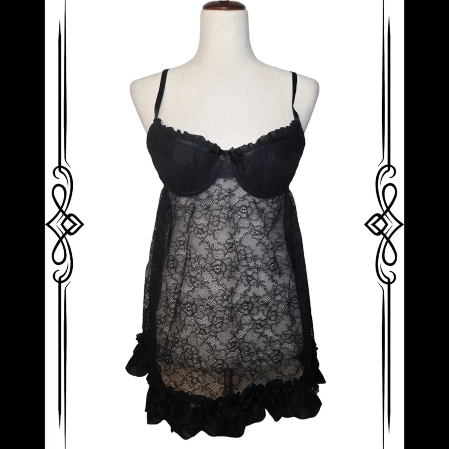 Victoria's Secret Y2K 2008 Sexy Little Wings Black Babydoll Lace Ruffle Chemise 36C