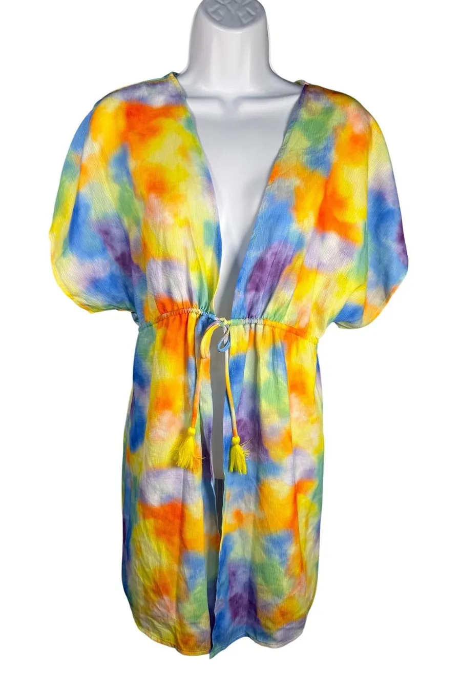 Miken Swim Tie Dye Cover Up Small NWT Tie Front Beach Boho Resort Yellow