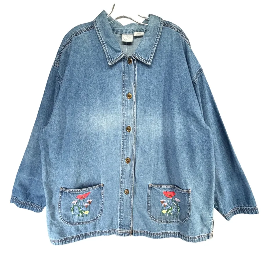 Vintage Denim Shirt Jacket Womens 2XL Blue Embroidered Floral Country Shacket