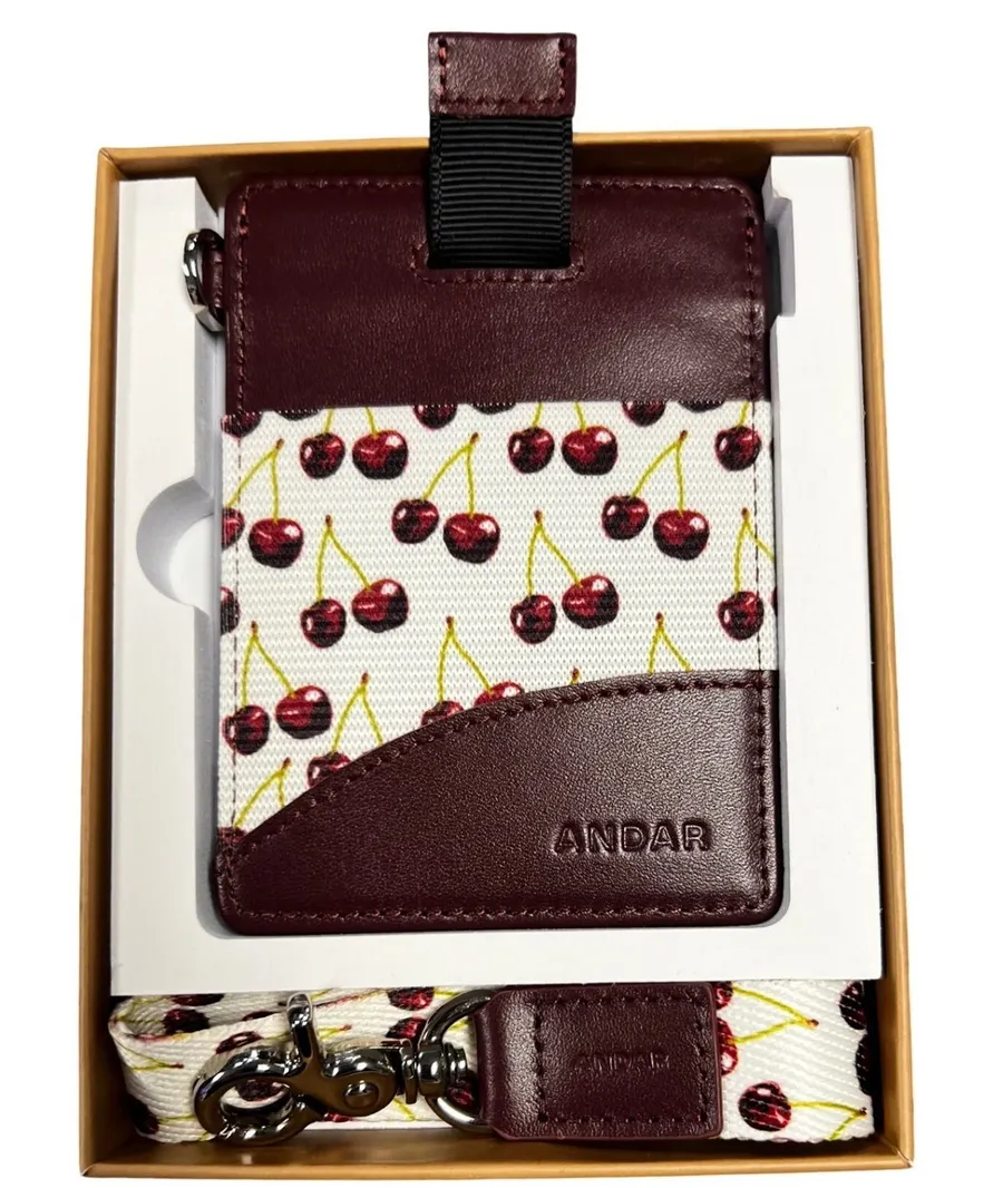 Andar The Ari Slim Leather Card Holder Wallet Wild Cherry Print with Lanyard NEW Red