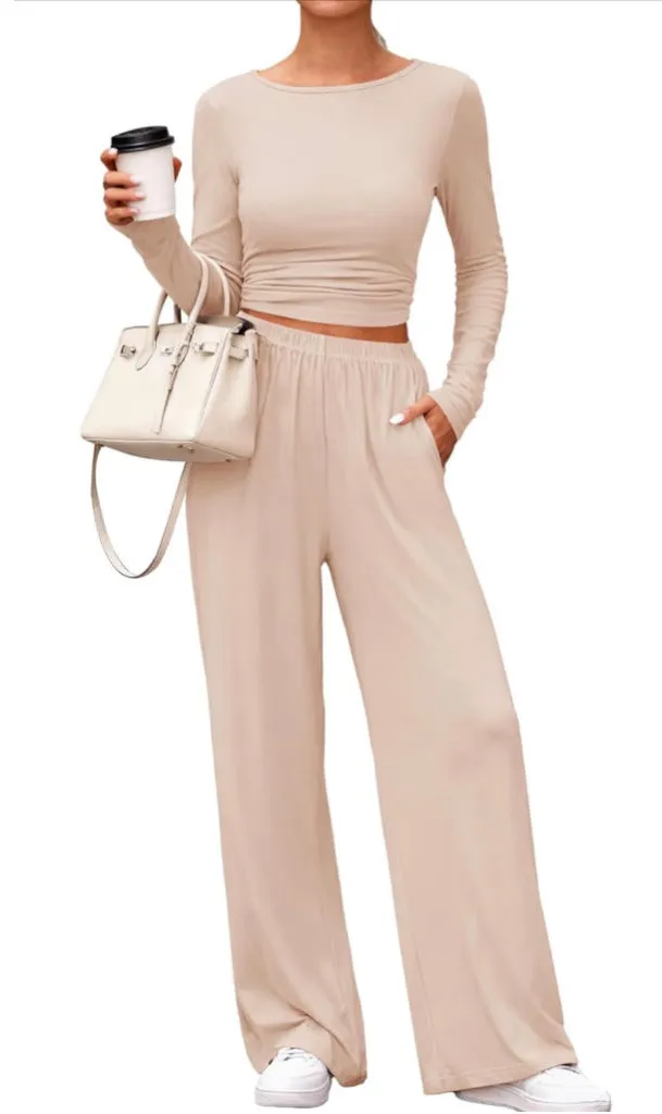 NEW 2 Pc Lounge Set Casual Long Sleeve Shirt Wide Leg Pants Tracksuit XL