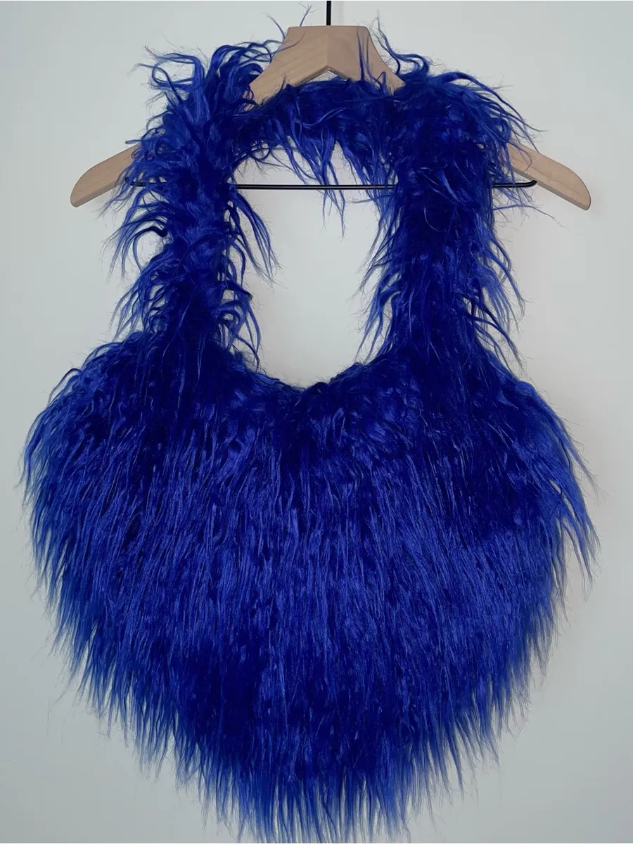 Faux Furry Big Heart Tote Purse Shoulder Bag Y2K Blue Bratzcore Maximalist