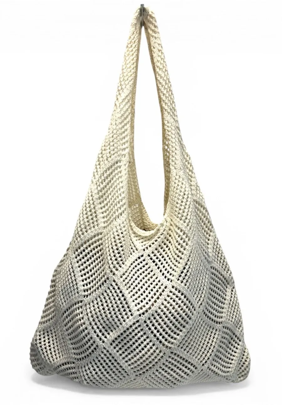 Crochet Mesh Hobo Tote Bag Ivory Cream Knit Beach Bag Boho Summer Shoulder NEW