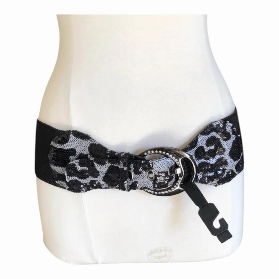 Black Silver Sequin Leopard Stretch Belt Statement Glam Party Festival Festival