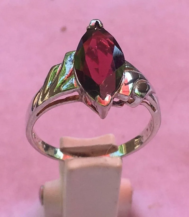 Garnet Sterling Silver Ring, Marquise Cut, Size 7 Red