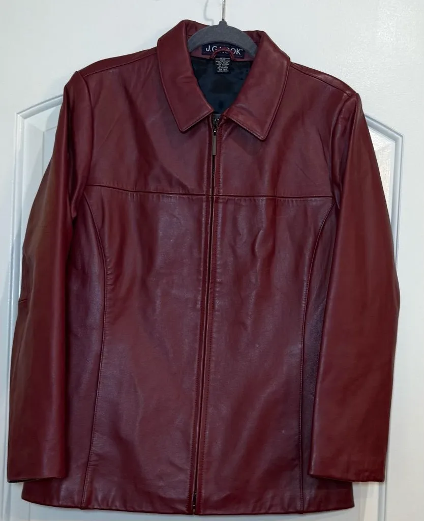 J G Hook vintage deep red leather jacket zip front lined. Size Medium