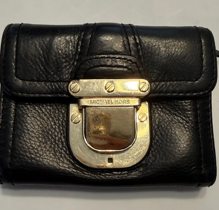Michael Kors Black Leather Wallet with Gold-Tone Lock Vintage