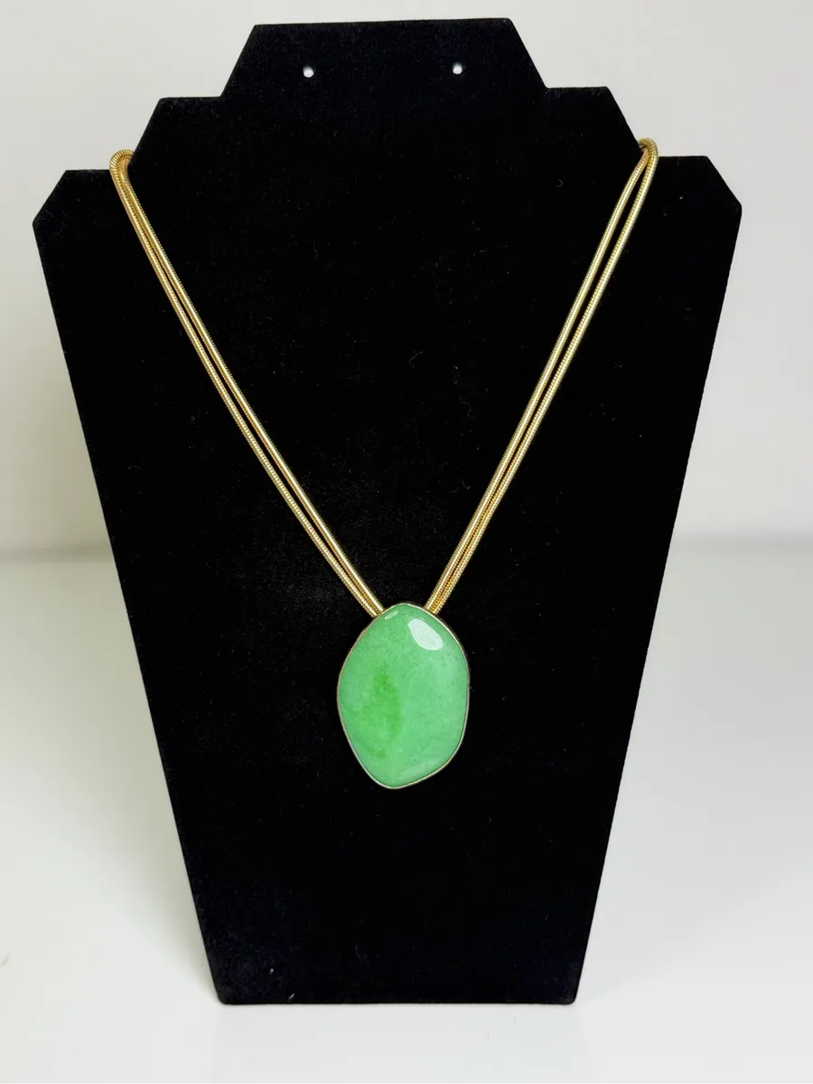 Stella & Dot Serenity Jade Necklace Green Stone Gold Double Chain Retired 19”