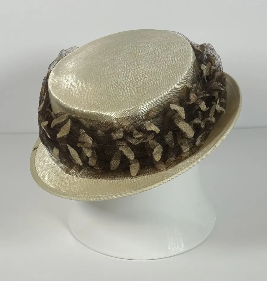 Vintage Ladies' Ivory Satin Hat with Brown Leaf Detail