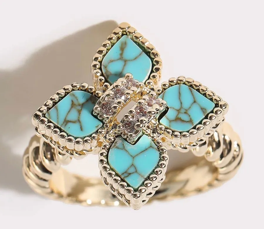 Gold Turquoise Clover Ring Size 8