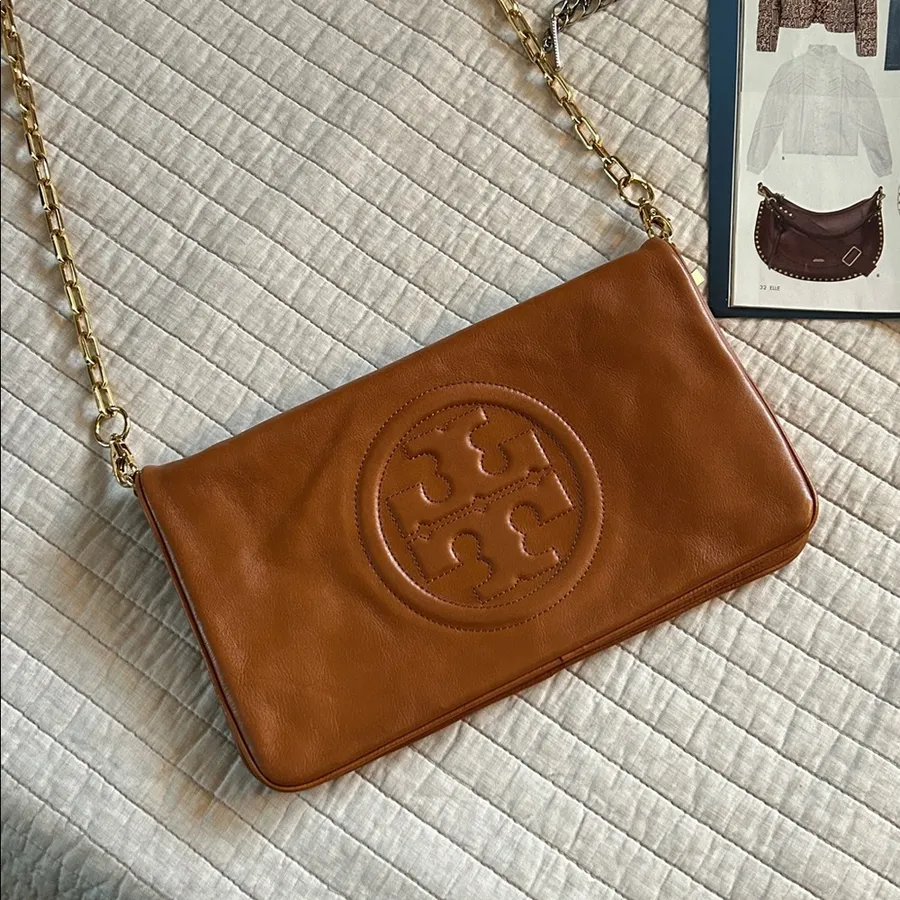 Tory Burch brown leather logo fold over gold chain rare crossbody bag