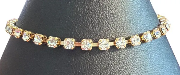 Vintage Gold Tone Tennis Bracelet Round Clear Rhinestones Fold Over Clasp Estate