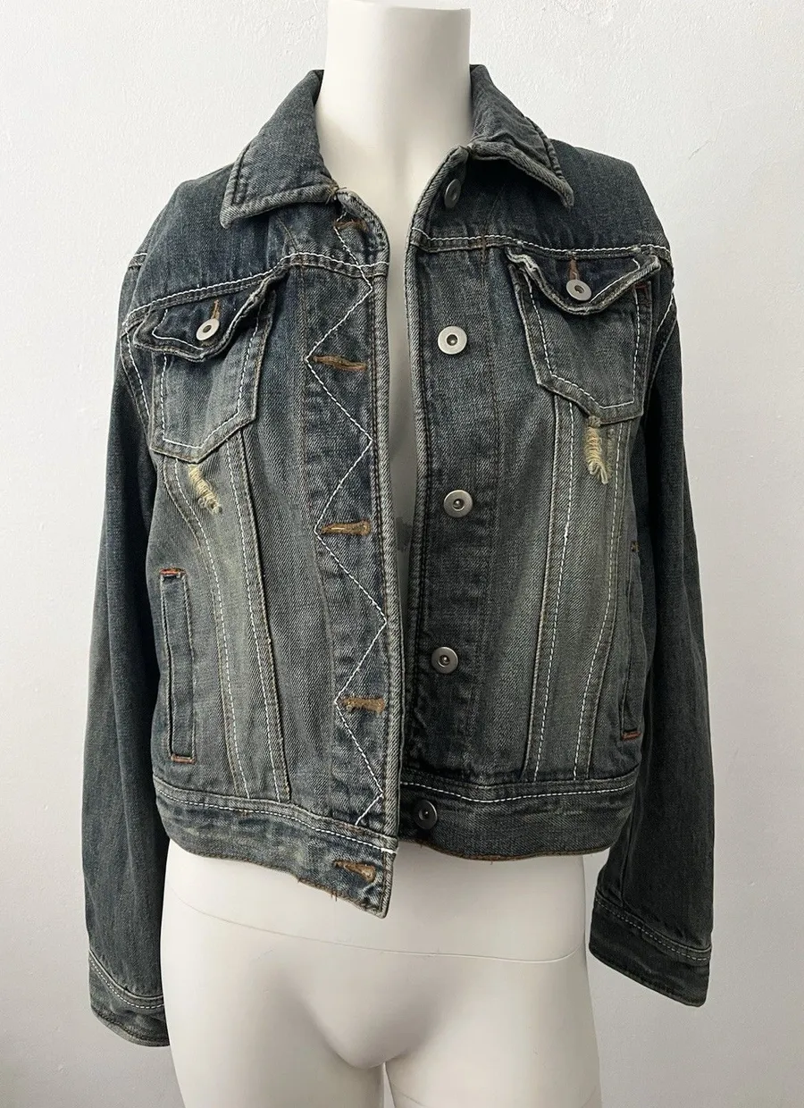 Y2k Double Edition Grunge Distressed Cropped Denim Jacket Size L Dark Blue Wash Size L