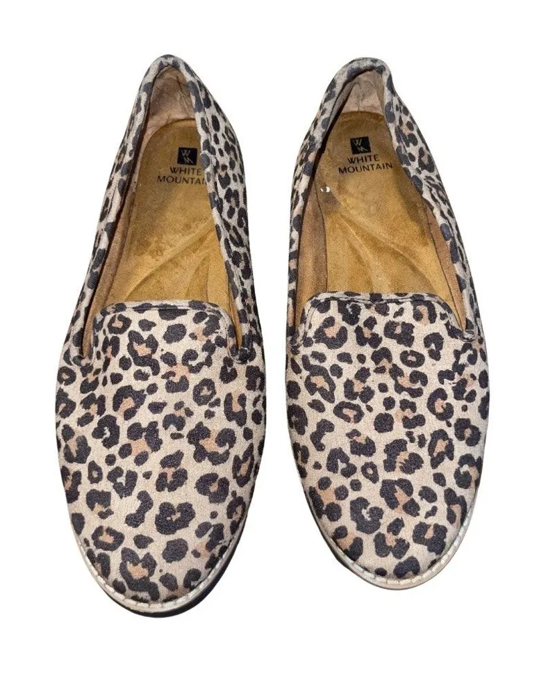 White Mountain Denny Leather Leopard Flats Slip On Loafers Size 8 Rubber Sole