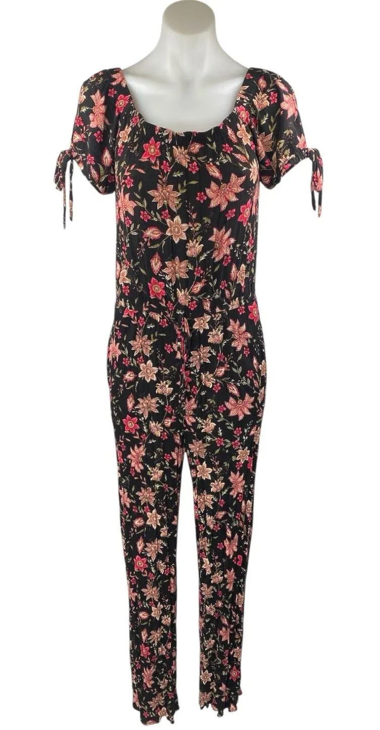 Xhilaration Multicolor Floral Short Puff Sleeve Scoop Neck Tie Jumpsuit Size S