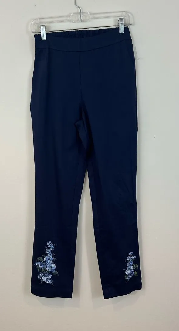 Isaac Mizrahi Live Navy Ankle Floral-Embellished Stretch Pants Size 0 Women's