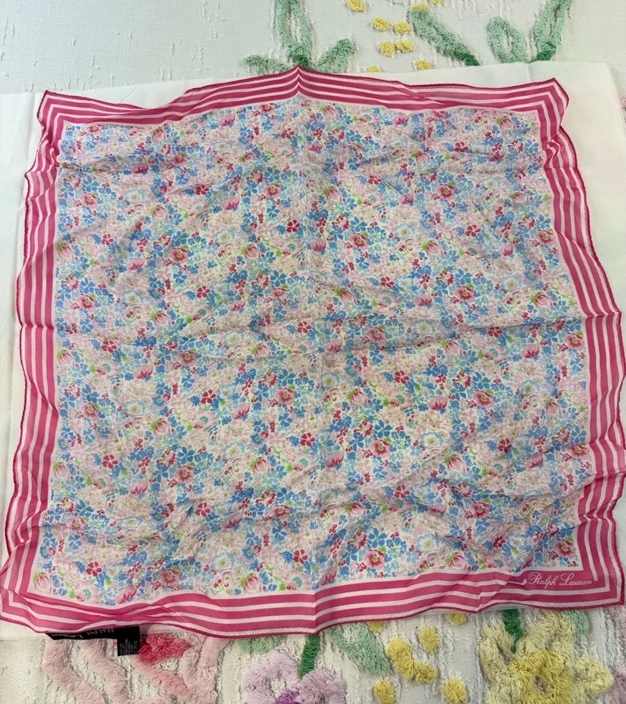 Ralph Lauren Silk Scarf Pink Blue Ditsy Floral Striped Border Square 20 Inch