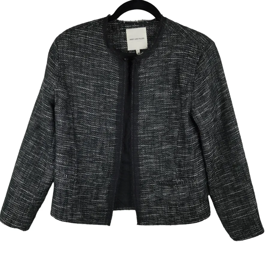 Avec Les Filles Tweed Jacket Womens Small Black White Textured Minimalist Chic