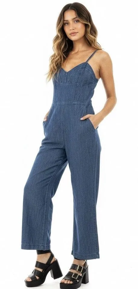 Express Womens Chambray Jumpsuit Sz 0 Boho Coastal Grandma Trouser Romper Y2k