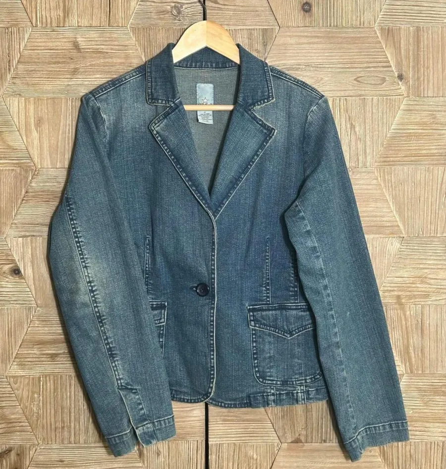 BB's Closet Denim Blazer Jacket Blue Jean Trim Plus Size 1X Boho Vintage