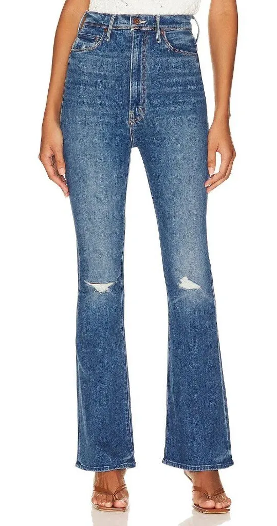 NWT Mother Tippy Top Cruiser Sneak in Globe Trotter High Rise Flare Jeans 30 Blue