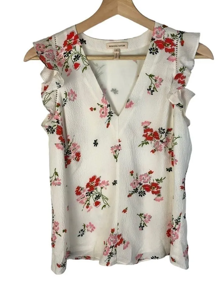 Rebecca Taylor White & Pink Floral V-Neck Short Sleeve Ruffle Top 2