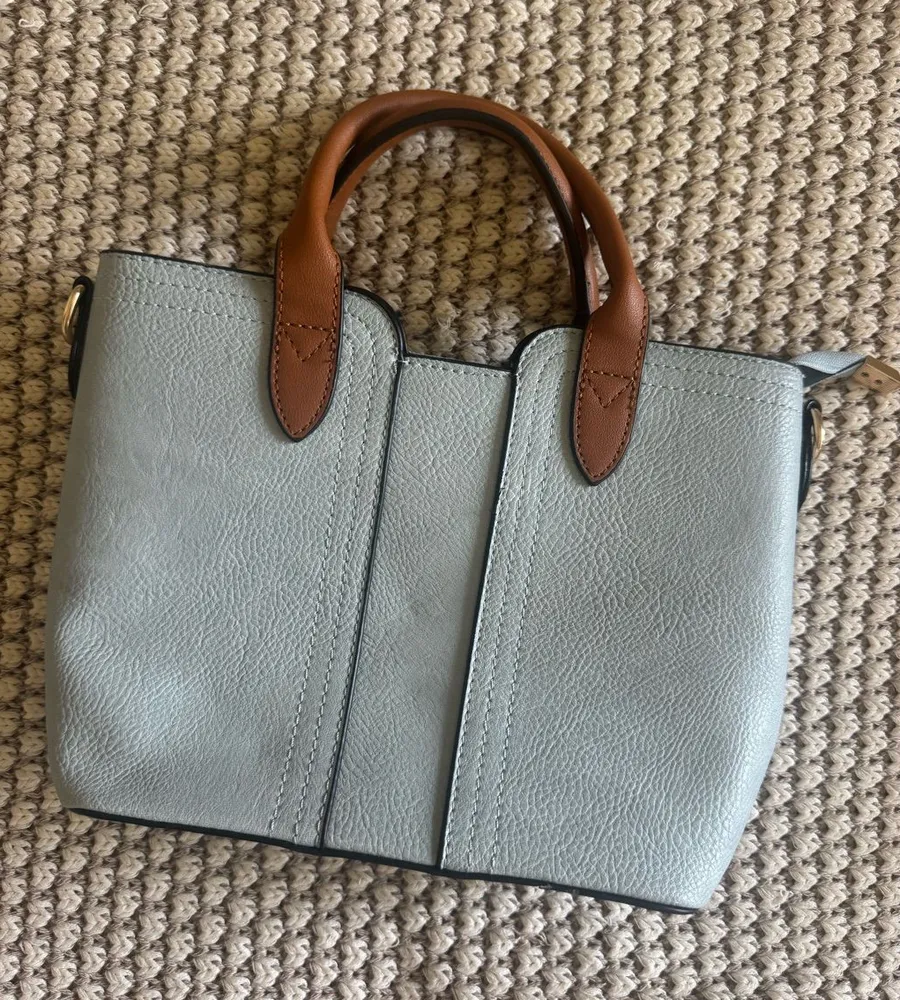 Sweet Faux Leather Light Blue and Brown Purse with Adjustable Strap