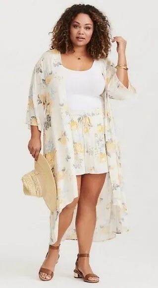 NWT Torrid Georgette Kimono Sz 1X/2X Yellow Floral Lightweight Open Front Flowy