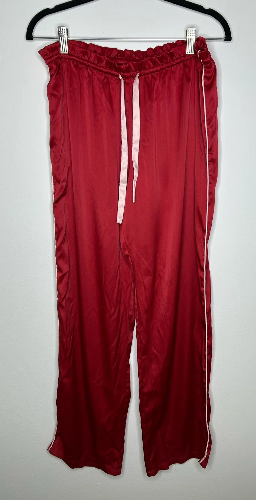 Victoria's Secret Satin Lounge Pajamas Pants Red Pink Piping w/pockets Tie M