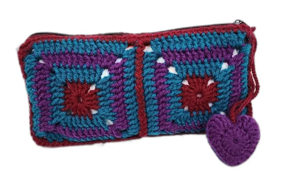 Handmade Crochet Granny Square Clutch Lined Boho Heart Charm Makeup Pouch Blue