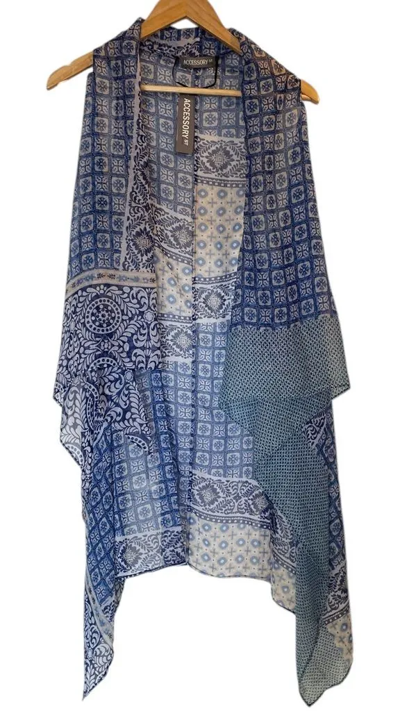 ACCESSORY ST Blue/White Tile Print Convertible Cover Up Kimono Topper Vest Scarf Blue Size undefined