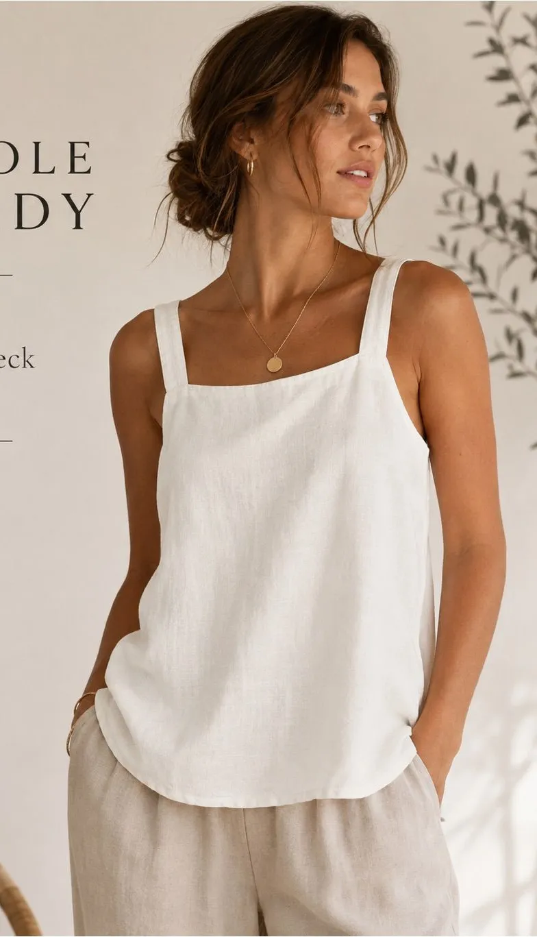 Nicole Purdy The Strap Square Neck Linen Tank Top White Size M Size M