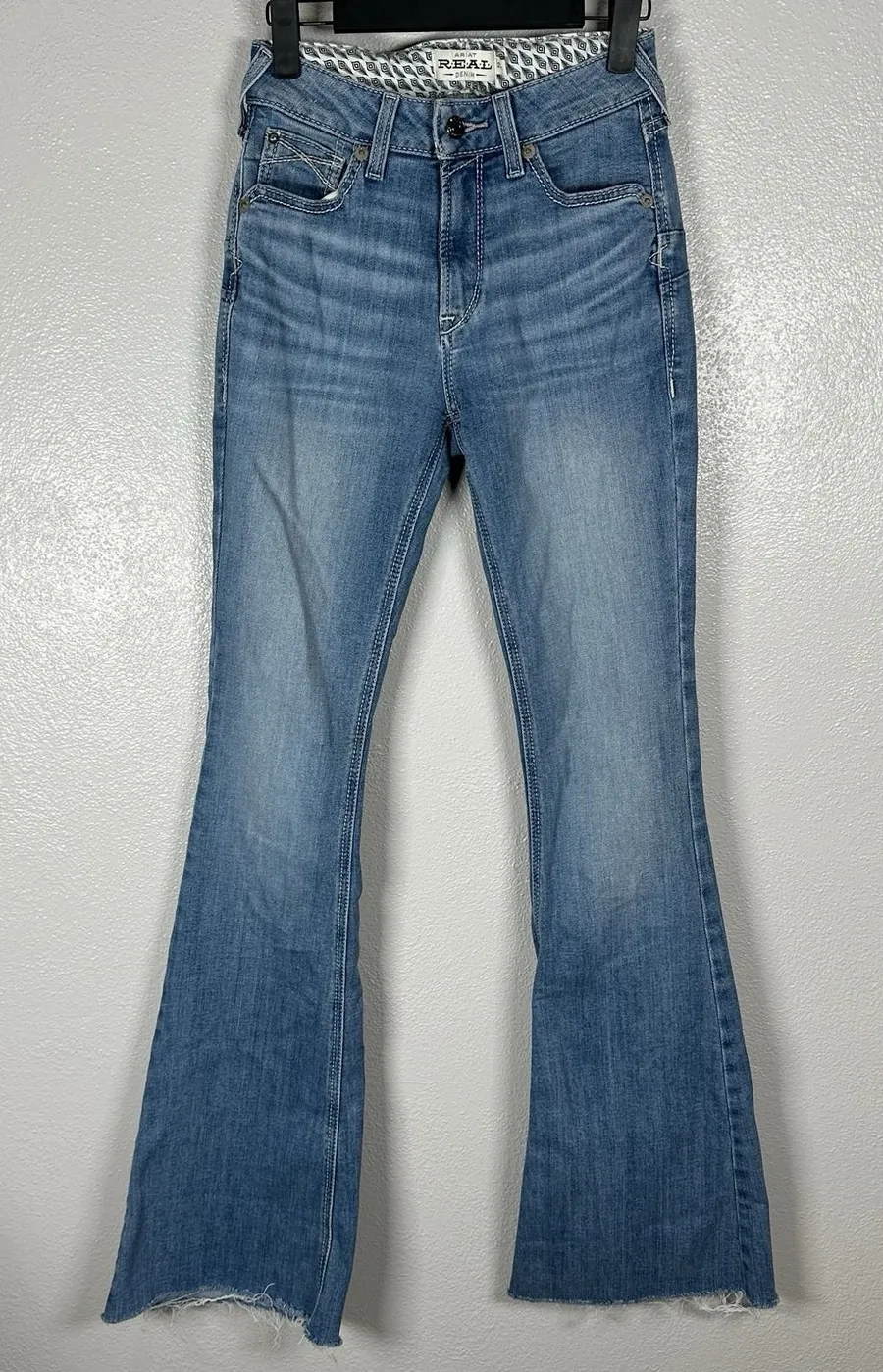Ariat High Rise Flare Jeans Womens 25XL Raw Hem Light Medium Wash Western Denim