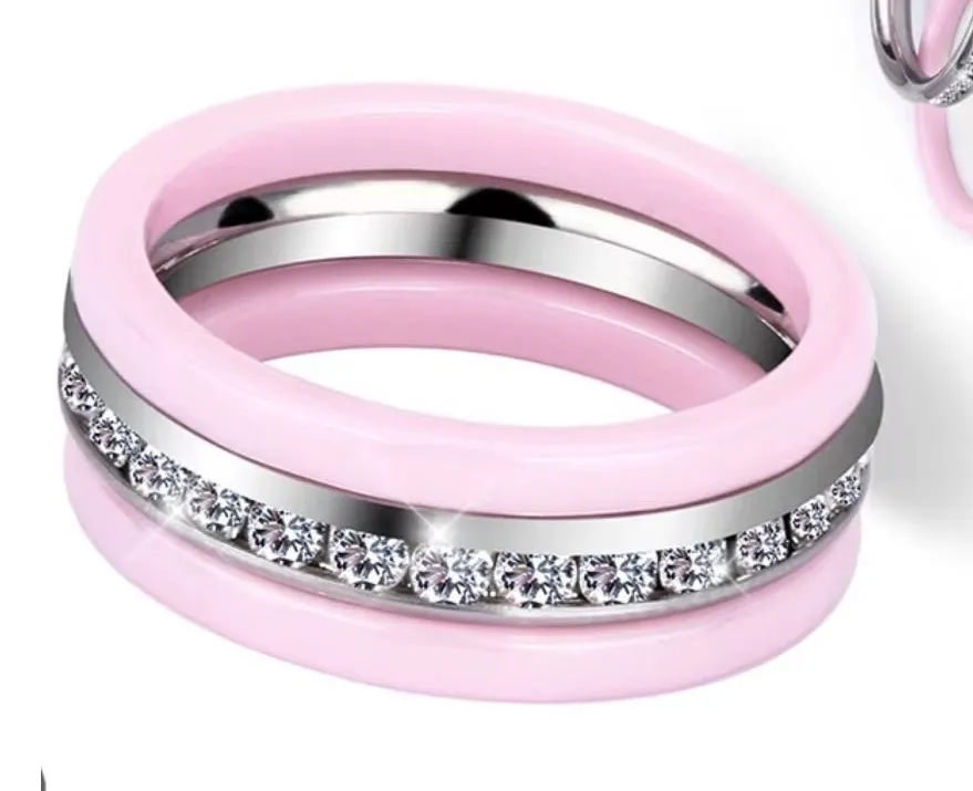 Pink Ceramic Cubic Zirconia Ring Set | Jewelry | Stackable Band Women