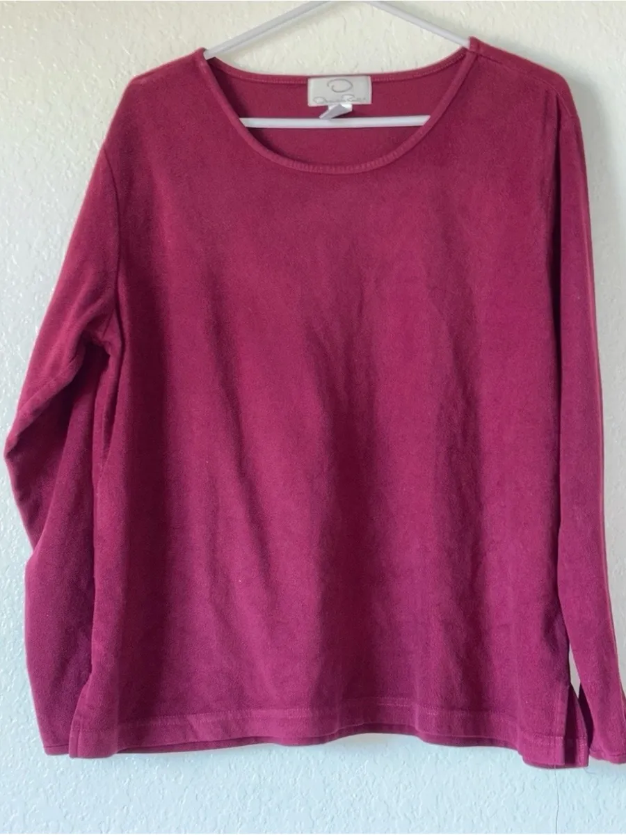 Oscar de la Renta fushcia/pink Fleece Lounge Pajama Top Long Sleeve Pullover Women's