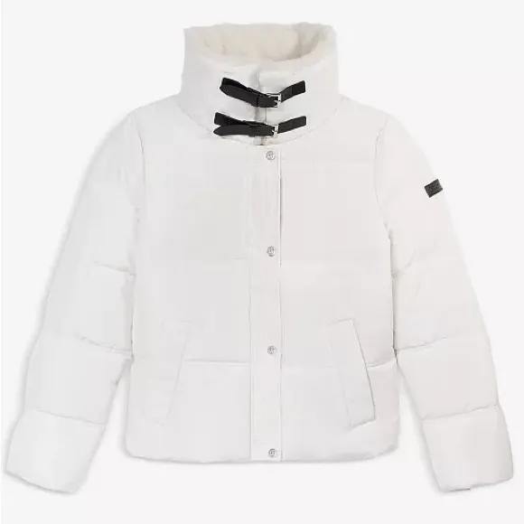 DKNY Women's Faux-Fur-Collar Zip-Front Puffer Coat in White, Size S, NWT