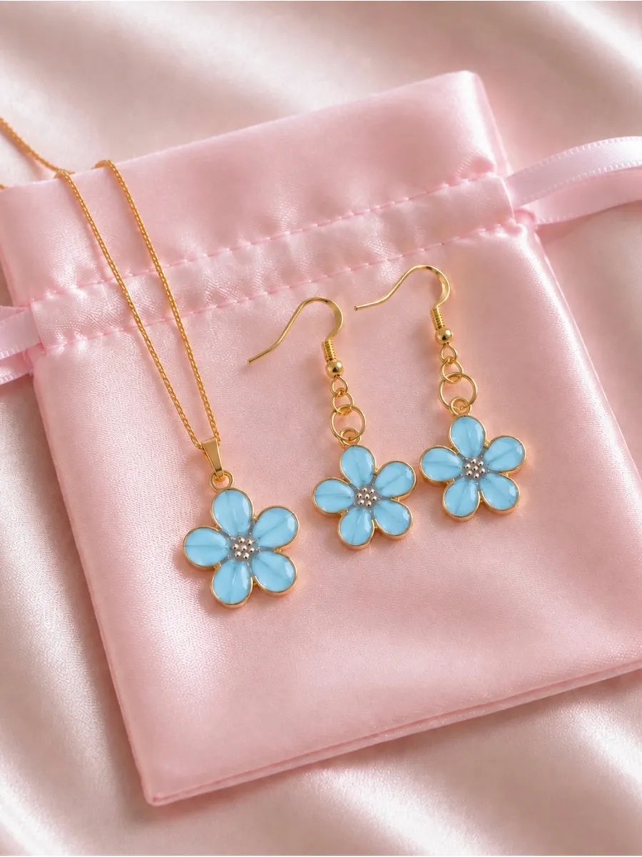 Gold-Tone Blue Flower Pendant Necklace and Earring Set
